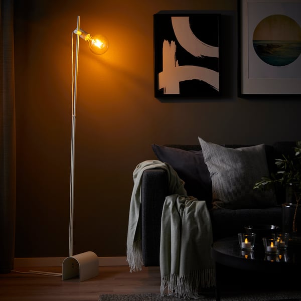 HÅRSLINGA / LUNNOM - Floor lamp with bulb, white/clear glass ,