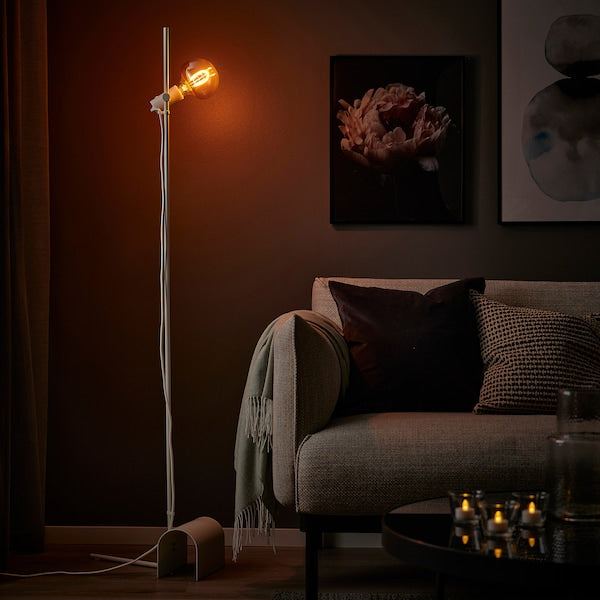 HÅRSLINGA / MOLNART - Floor lamp with bulb, white/fungo transparent glass brown