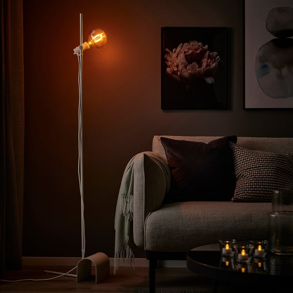 HÅRSLINGA / MOLNART floor lamp with light bulb, white/mushroom brown clear glass