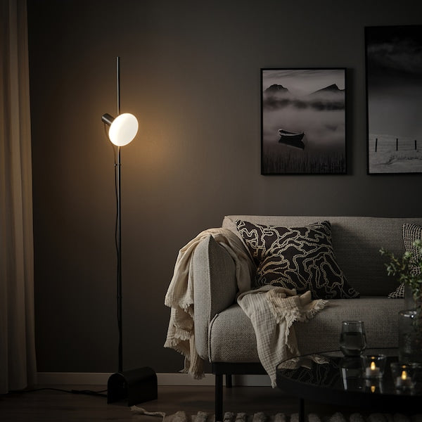 HÅRSLINGA / MOLNART - Floor lamp with bulb, black/white opal donut shape