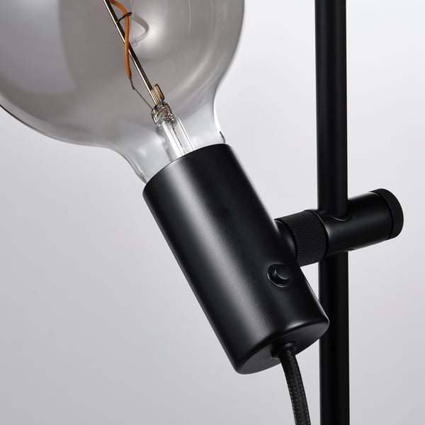 HÅRSLINGA / MOLNART floor lamp with light bulb, black/globe grey clear glass