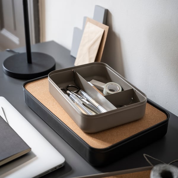 HARVMATTA box with compartments, dark grey-beige, 24x18x6 cm