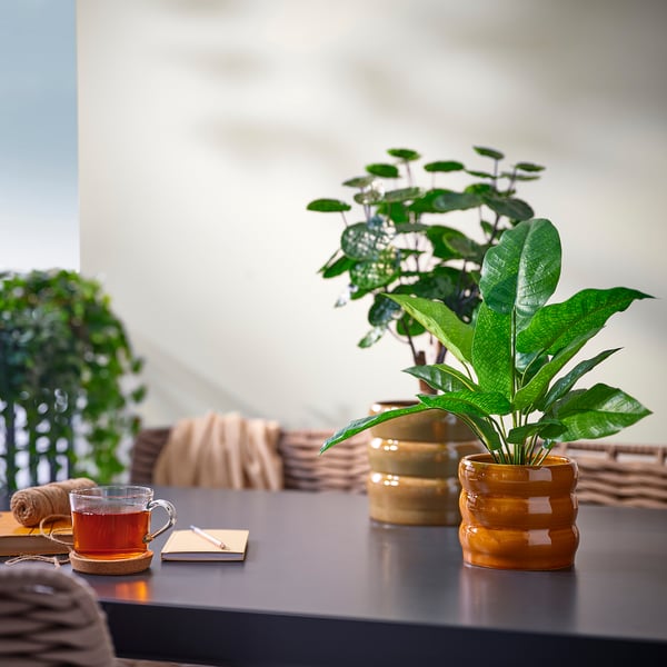 HASSELBUKETT plant pot, in/outdoor/brown-yellow, 12 cm