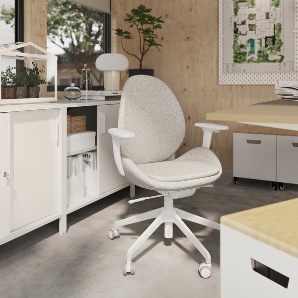 HATTEFJÄLL office chair with armrests, Gunnared beige/white, 68 cm