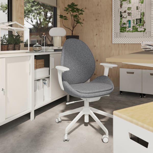 HATTEFJÄLL office chair with armrests, Gunnared medium grey/white, 50x114x68 cm