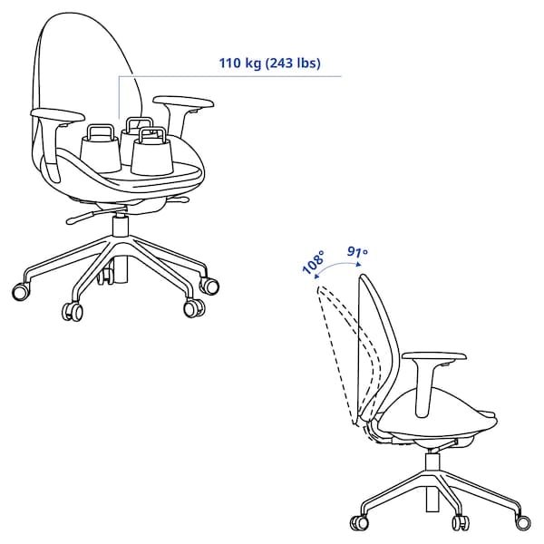 Ikea HATTEFJÄLL - Office chair with armrests, Gunnared smoke grey/white ,
