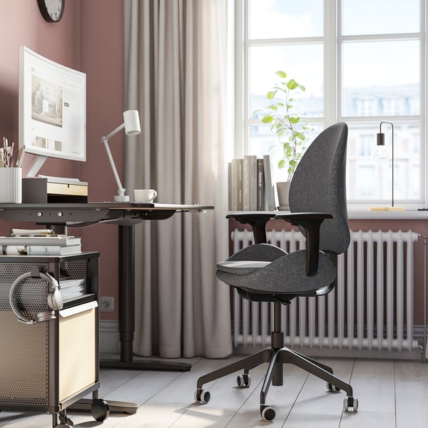 HATTEFJÄLL office chair with armrests, Gunnared dark grey/black, 68 cm