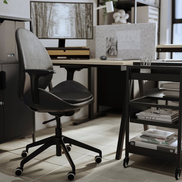HATTEFJÄLL office chair with armrests, Smidig black/black, 68 cm