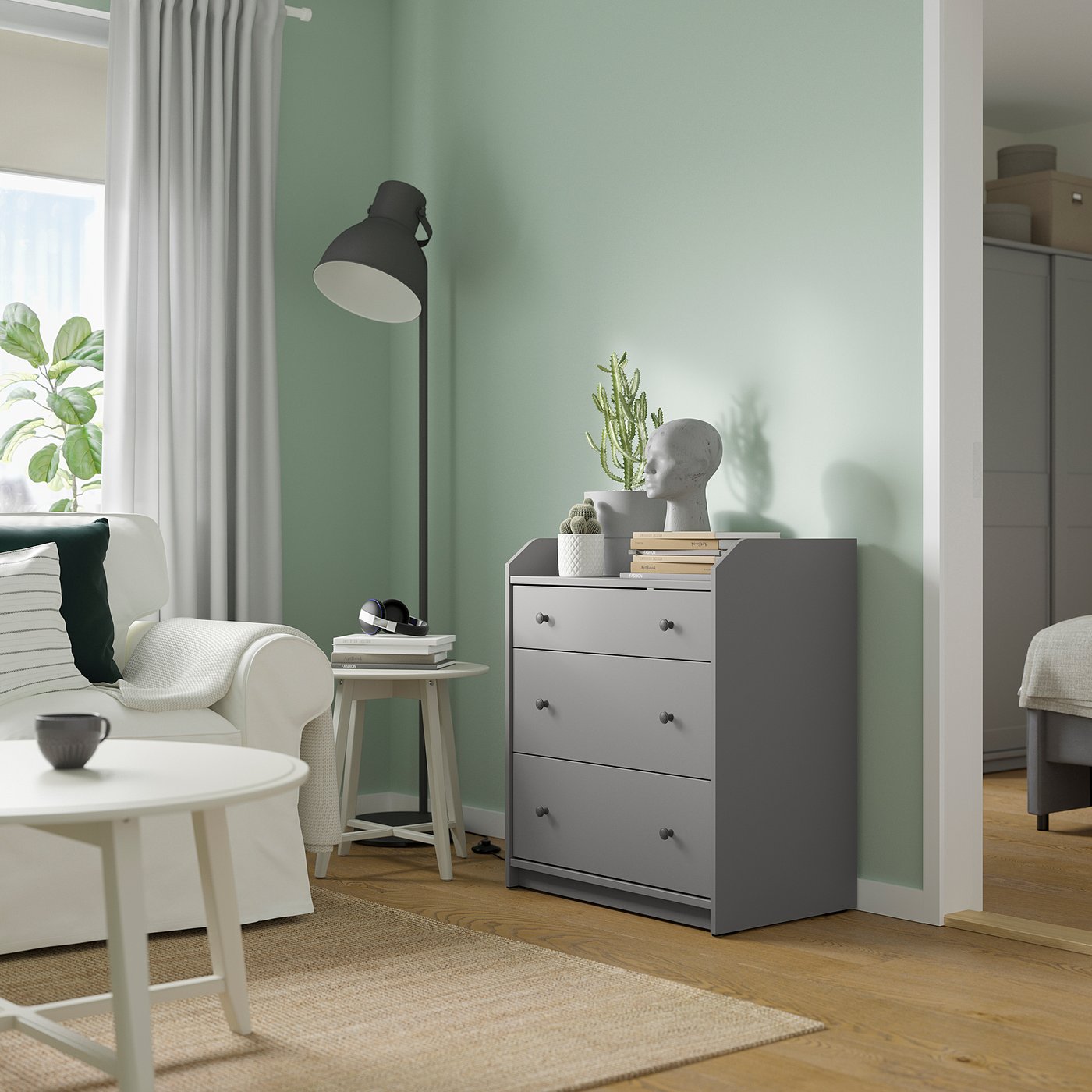 HAUGA chest of 3 drawers, grey, 70x46x84 cm