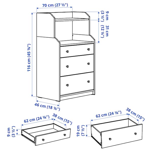 Ikea HAUGA - Chest of 3 drawers with shelf, grey, 70x116 cm