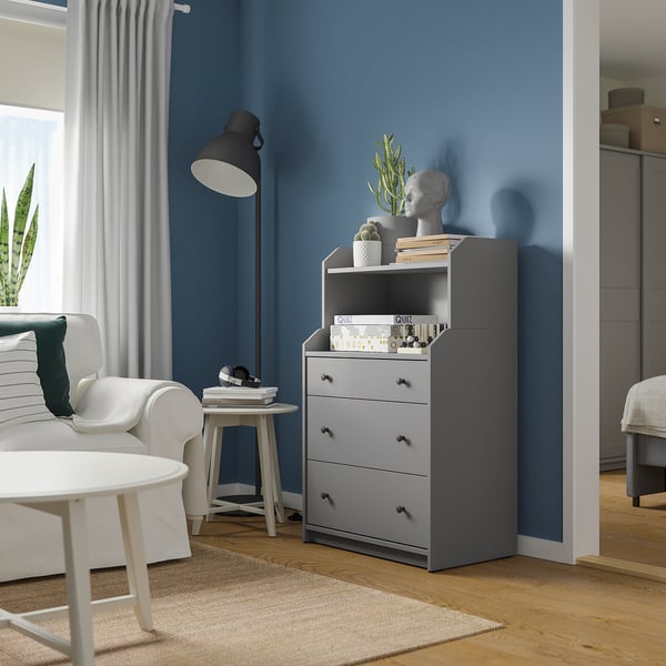 HAUGA chest of 3 drawers with shelf, grey, 70x46x116 cm