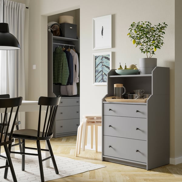 HAUGA chest of 3 drawers with shelf, grey, 70x46x116 cm