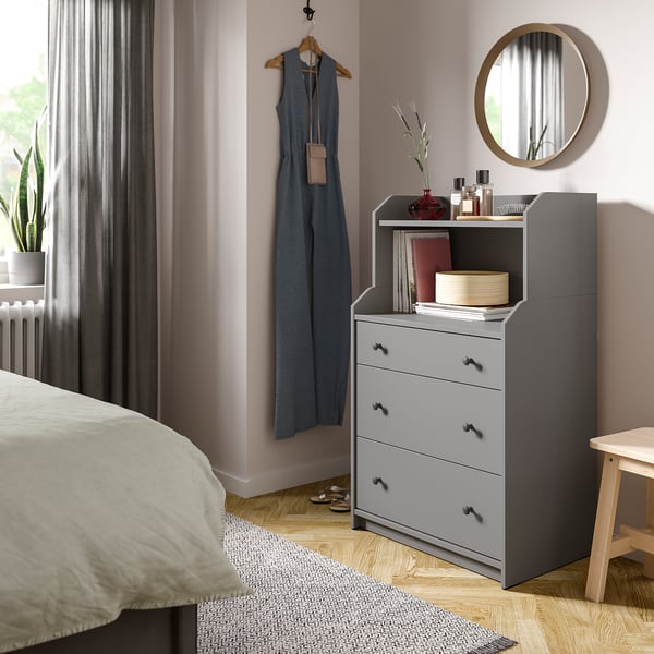 HAUGA chest of 3 drawers with shelf, grey, 70x46x116 cm