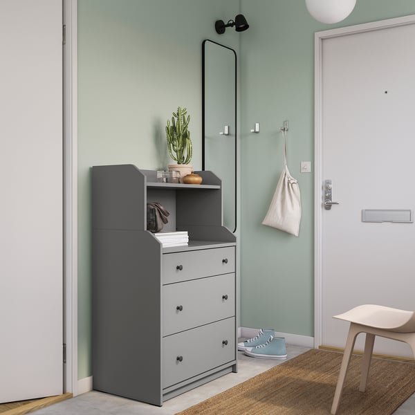 HAUGA chest of 3 drawers with shelf, grey, 70x46x116 cm