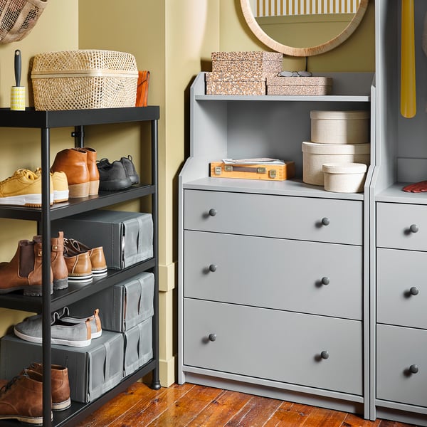 HAUGA chest of 3 drawers with shelf, grey, 70x46x116 cm