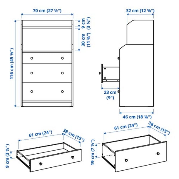 HAUGA chest of 3 drawers with shelf, grey, 70x46x116 cm
