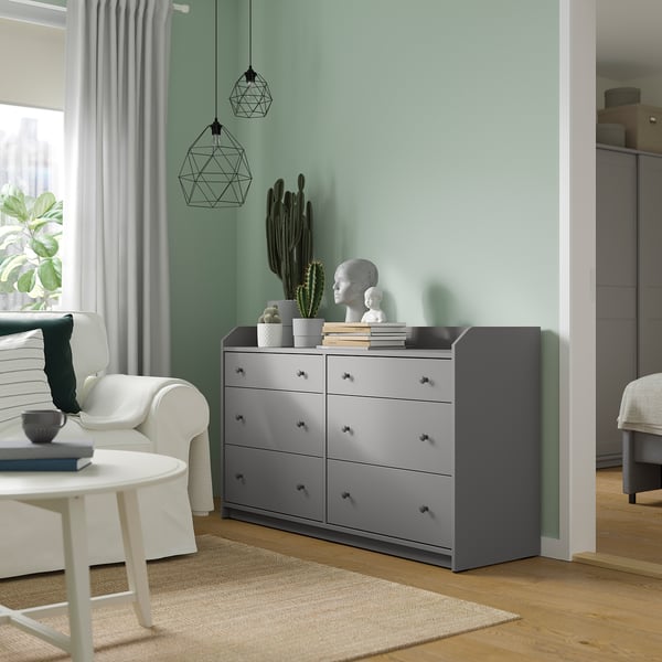 HAUGA chest of 6 drawers, grey, 138x46x84 cm