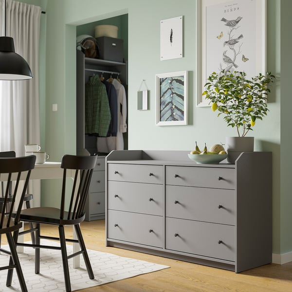 HAUGA chest of 6 drawers, grey, 138x46x84 cm