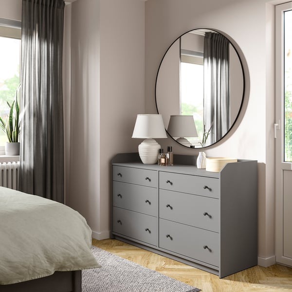 HAUGA chest of 6 drawers, grey, 138x46x84 cm
