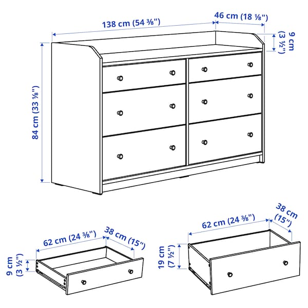 HAUGA - Chest of 6 drawers, grey, 138x84 cm