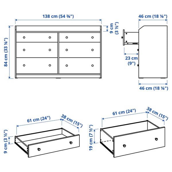 HAUGA chest of 6 drawers, grey, 138x46x84 cm