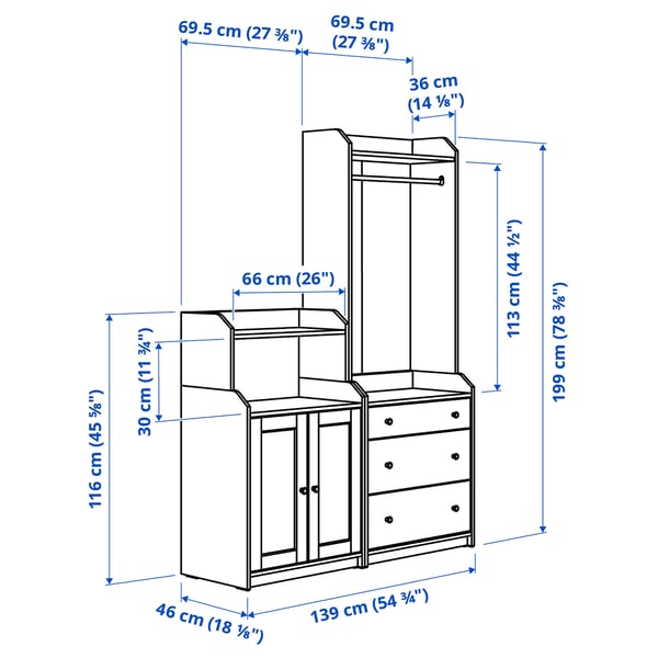 HAUGA storage combination, white, 139x46x199 cm