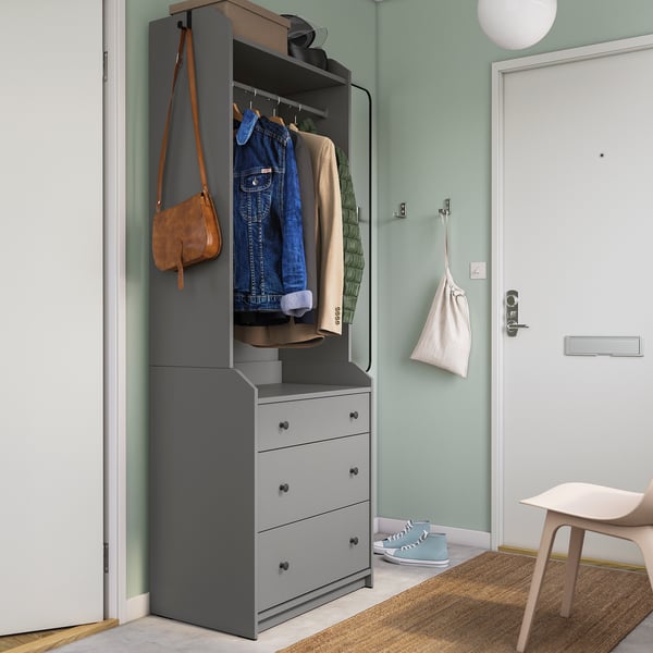 HAUGA open wardrobe with 3 drawers, grey, 70x199 cm