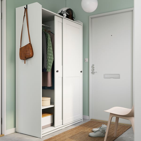 HAUGA wardrobe with sliding doors, white, 118x55x199 cm