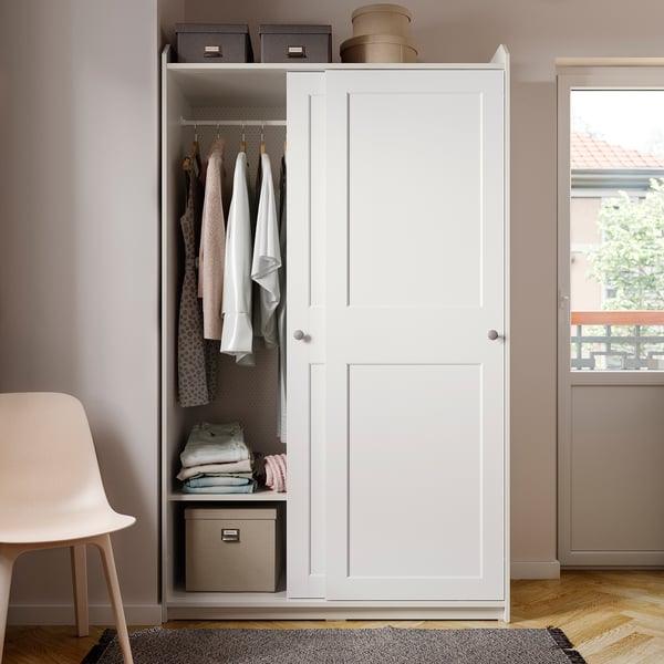 HAUGA wardrobe with sliding doors, white, 118x55x199 cm