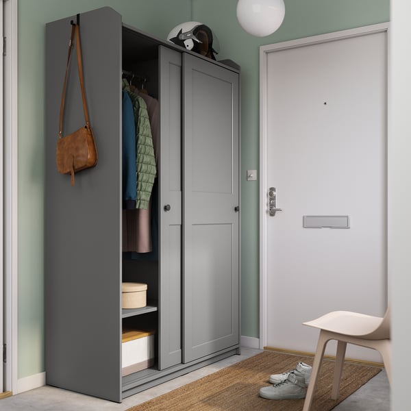 HAUGA wardrobe with sliding doors, grey, 118x55x199 cm