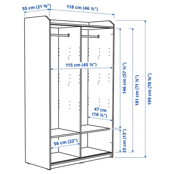 HAUGA wardrobe with sliding doors, grey, 118x55x199 cm