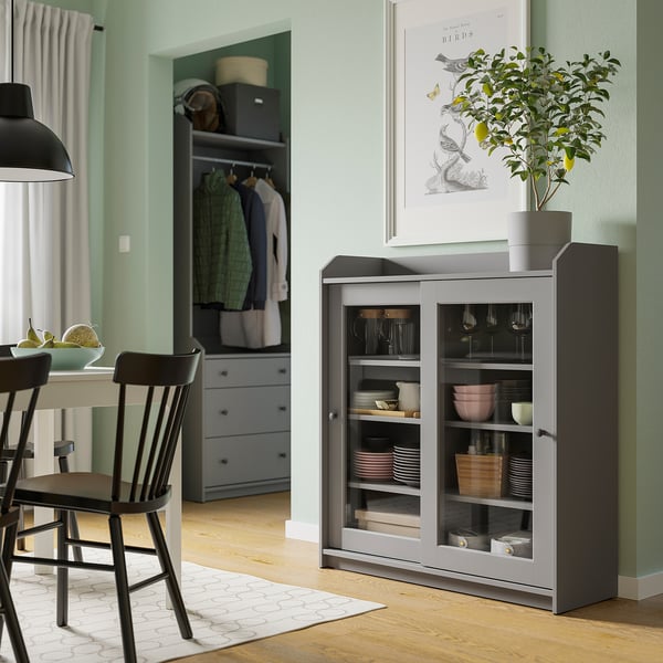 HAUGA glass-door cabinet, grey, 105x116 cm