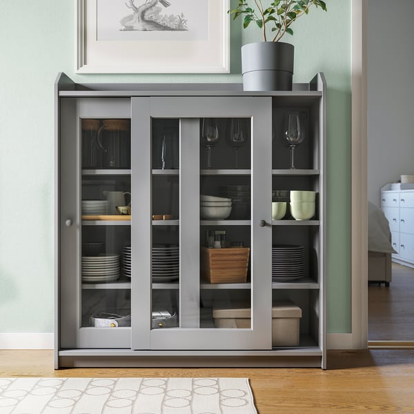 HAUGA glass-door cabinet, grey, 105x116 cm