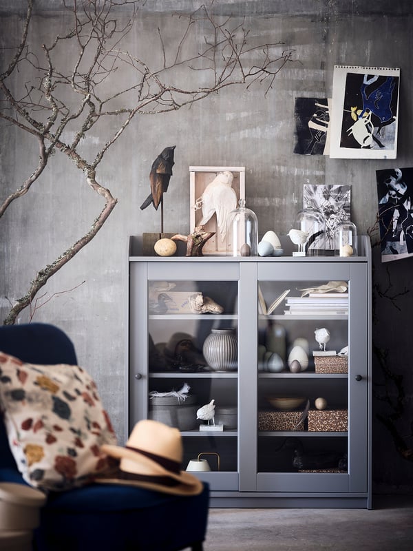 HAUGA glass-door cabinet, grey, 105x116 cm