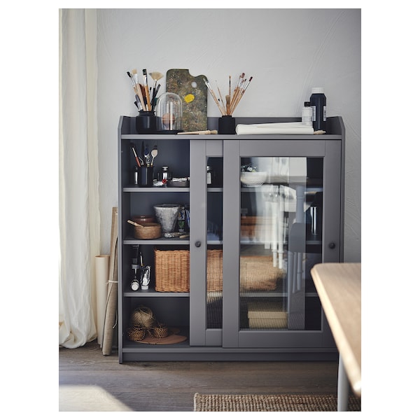 HAUGA - Glass-door cabinet, grey, 105x116 cm