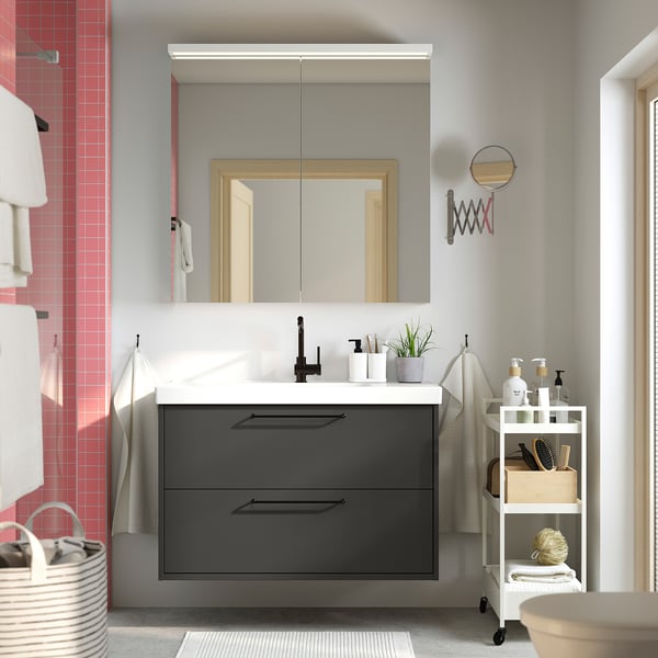 HAVBÄCK wash-stand with drawers, dark grey, 100x48x63 cm