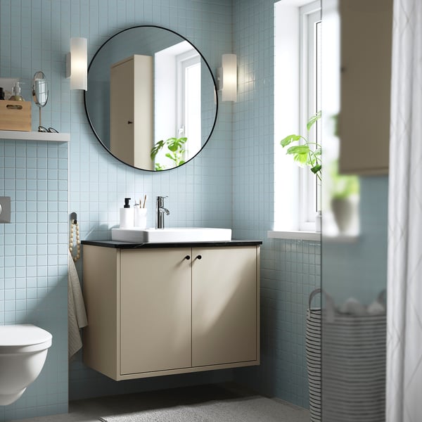 HAVBÄCK / ORRSJÖN wash-stnd w doors/wash-basin/tap, beige/black marble effect, 82x49x71 cm