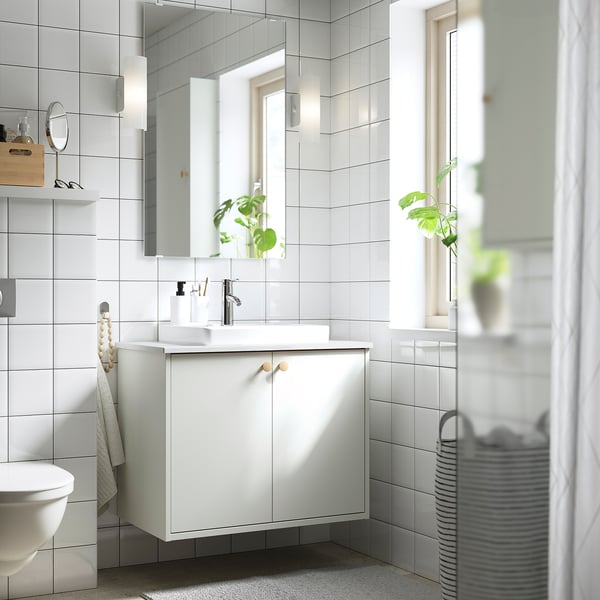 HAVBÄCK / ORRSJÖN wash-stnd w doors/wash-basin/tap, white/white marble effect, 82x49x71 cm