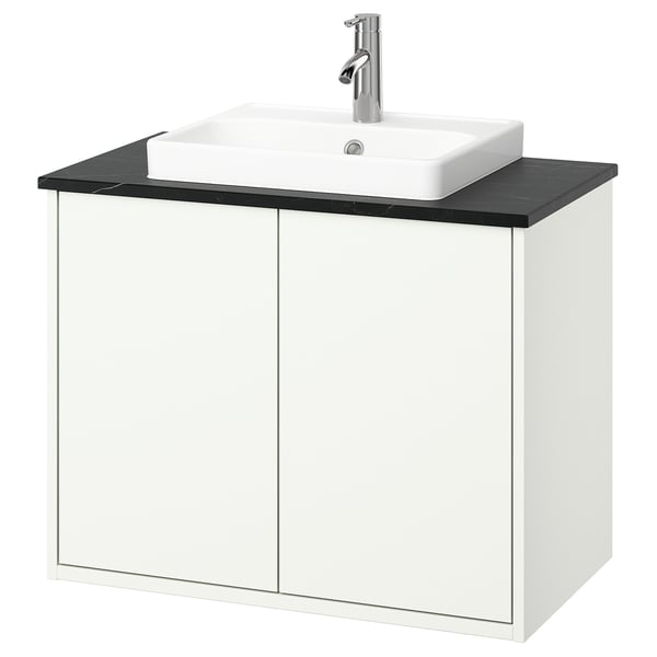 HAVBÄCK / ORRSJÖN wash-stnd w doors/wash-basin/tap, white/black marble effect, 82x49x71 cm