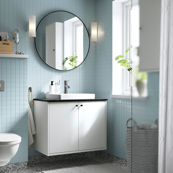 HAVBÄCK / ORRSJÖN - Washbasin/sink/black marble-effect vanity unit,82x49x71 cm
