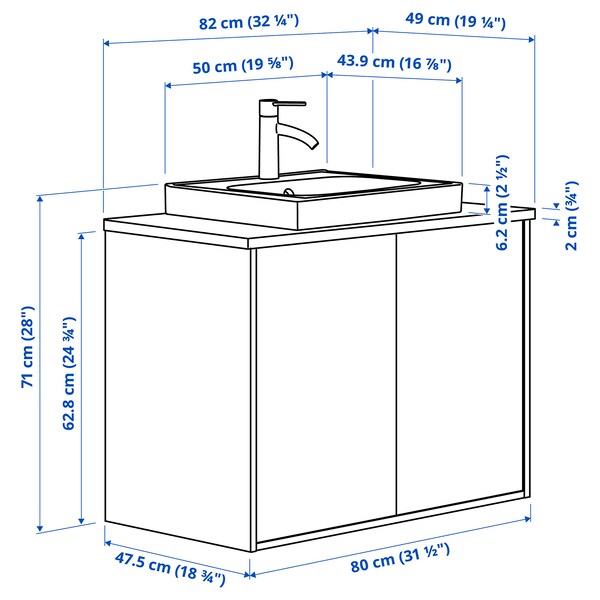 HAVBÄCK / ORRSJÖN - Washbasin/washbasin/black marble-effect vanity unit, dark grey/black,82x49x71 cm