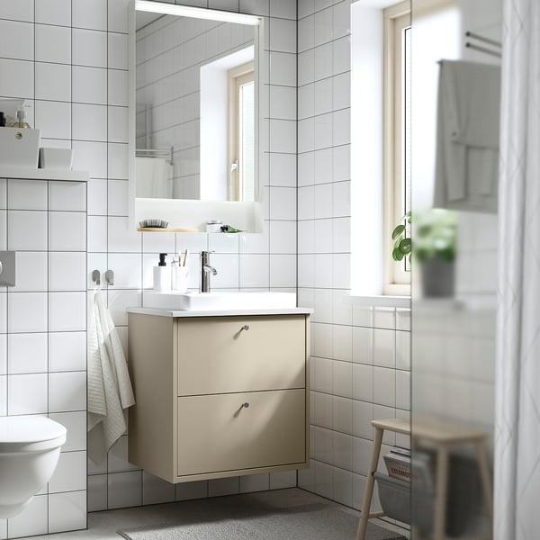 HAVBÄCK / ORRSJÖN - Washbasin/drawer/misc cabinet, beige/white marble effect,62x49x71 cm