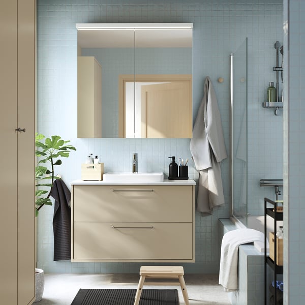 HAVBÄCK / ORRSJÖN wash-stnd w drawers/wash-basin/tap, beige/white marble effect, 102x49x71 cm