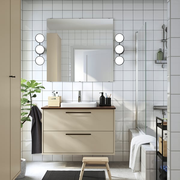 HAVBÄCK / ORRSJÖN wash-stnd w drawers/wash-basin/tap, beige/brown walnut effect, 102x49x71 cm