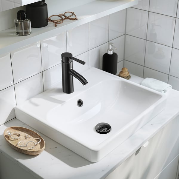 HAVBÄCK / ORRSJÖN wash-stnd w drawers/wash-basin/tap, beige/black marble effect, 102x49x71 cm
