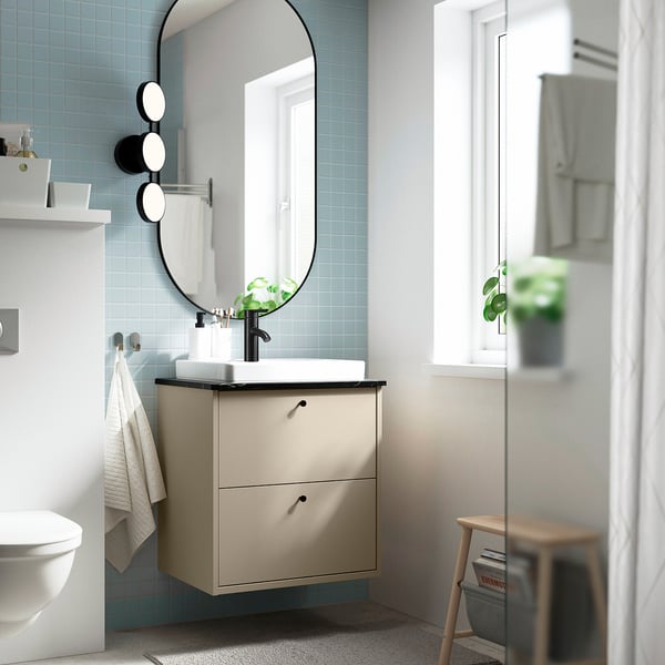 HAVBÄCK / ORRSJÖN wash-stnd w drawers/wash-basin/tap, beige/black marble effect, 62x49x71 cm