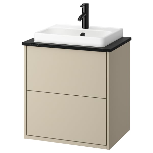 HAVBÄCK / ORRSJÖN wash-stnd w drawers/wash-basin/tap, beige/black marble effect, 62x49x71 cm