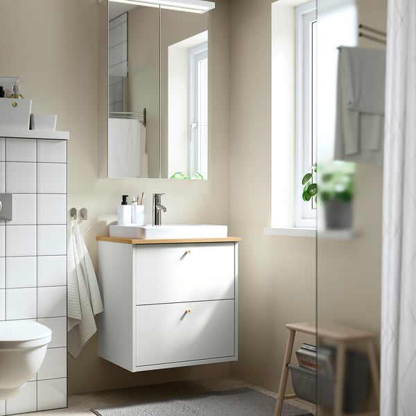 HAVBÄCK / ORRSJÖN - Washbasin/drawer/misc cabinet, white/bamboo,62x49x71 cm