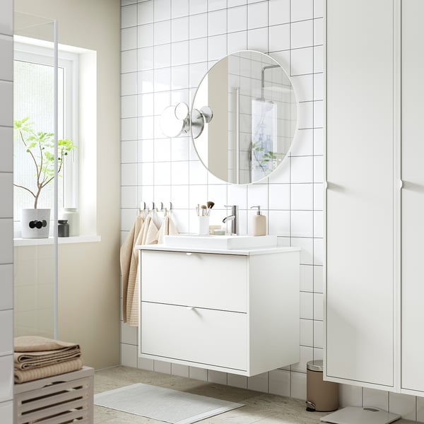 HAVBÄCK / ORRSJÖN wash-stnd w drawers/wash-basin/tap, white/white marble effect, 82x49x71 cm