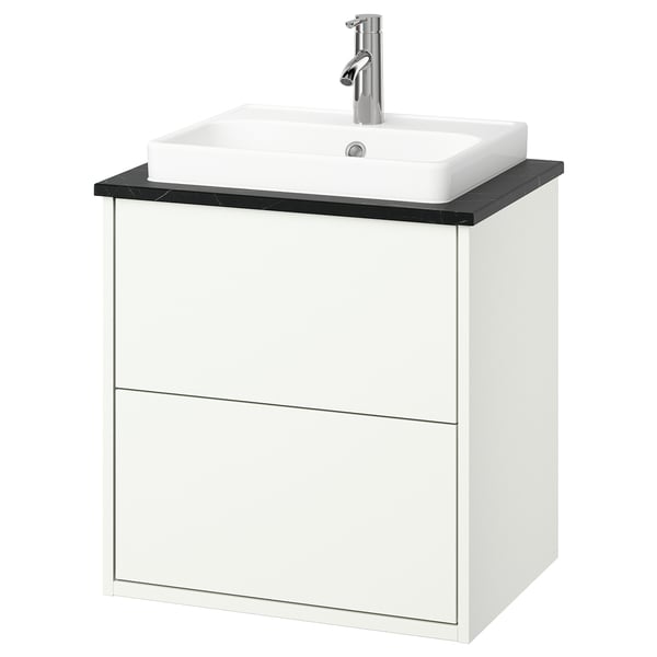 HAVBÄCK / ORRSJÖN wash-stnd w drawers/wash-basin/tap, white/black marble effect, 62x49x71 cm